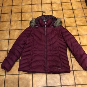 Eddie Bauer XL Cranberry down coat faux fur hood